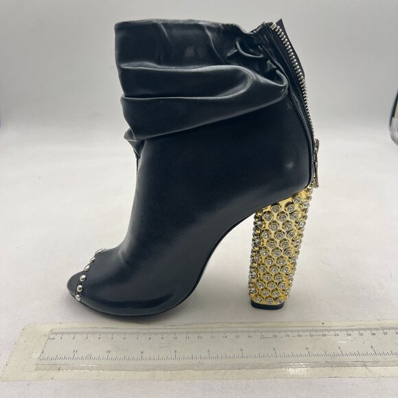 FSJ Black Stylish Peep Toe Slouch Ankle Boots Chunky Stacked Heels Crystal Shoes - Picture 2 of 8